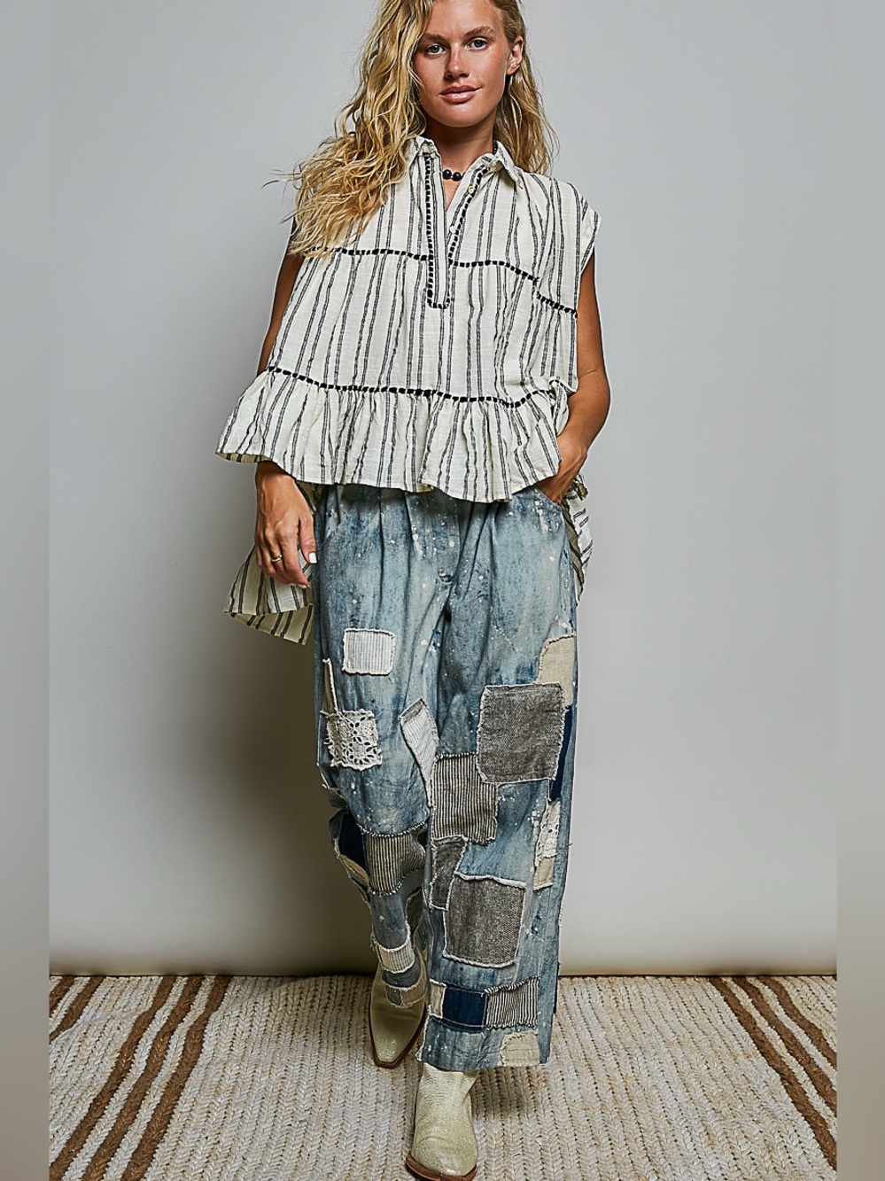 POL Striped Ruffle Collared Sleeveless Cotton Top - Picture 4 of 7